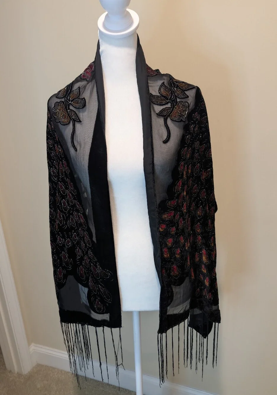 Black Shawl with Rich Copper and Crimson Velvet Peacock Applique and Fringe